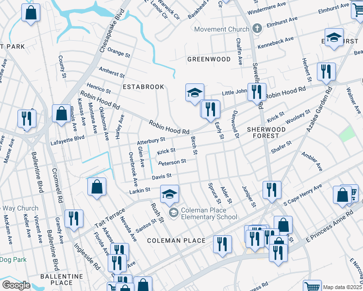 map of restaurants, bars, coffee shops, grocery stores, and more near 3904 Krick Street in Norfolk