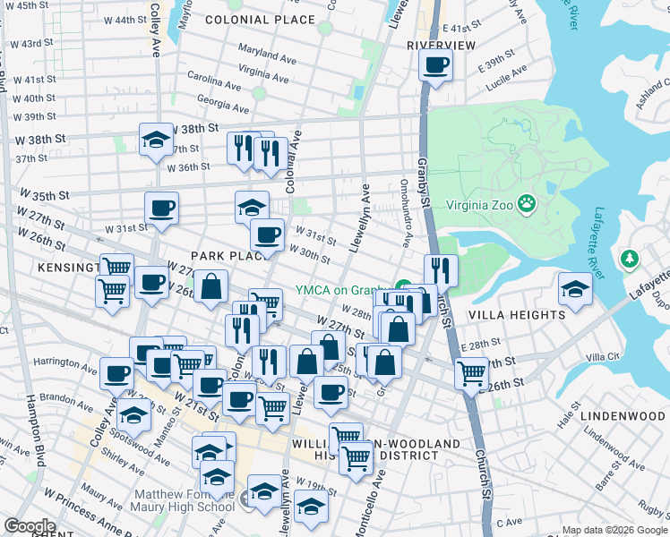 map of restaurants, bars, coffee shops, grocery stores, and more near 309 West 30th Street in Norfolk