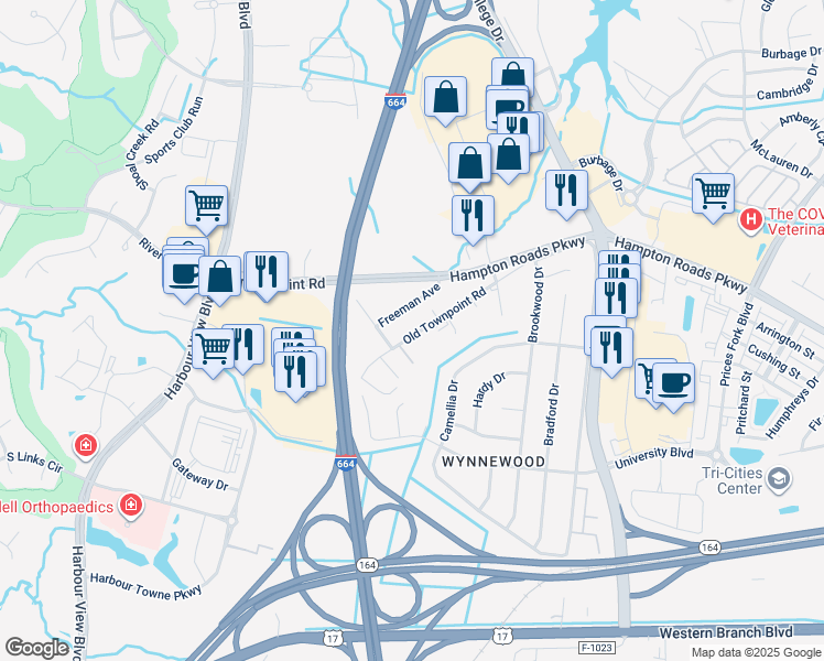 map of restaurants, bars, coffee shops, grocery stores, and more near 6228 Old Townpoint Road in Suffolk