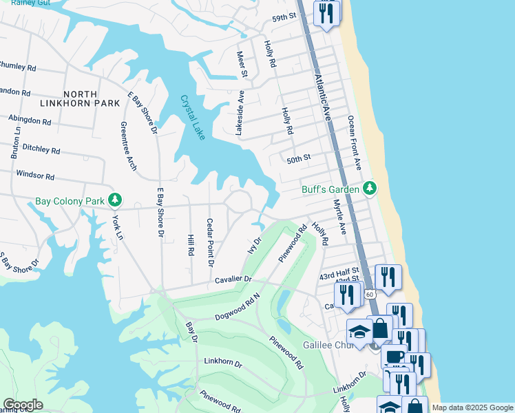 map of restaurants, bars, coffee shops, grocery stores, and more near 1208 Crystal Lake Circle in Virginia Beach