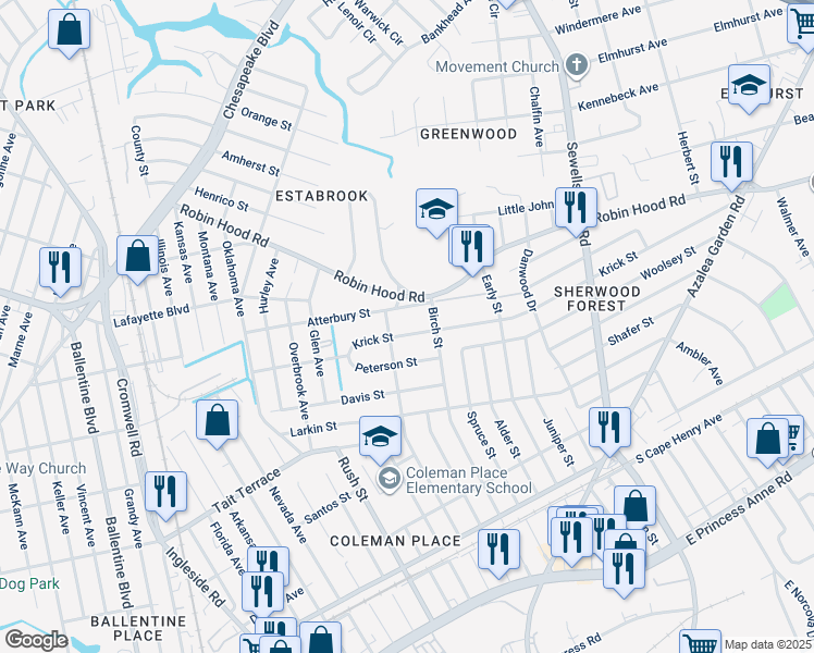 map of restaurants, bars, coffee shops, grocery stores, and more near 3912 Krick Street in Norfolk