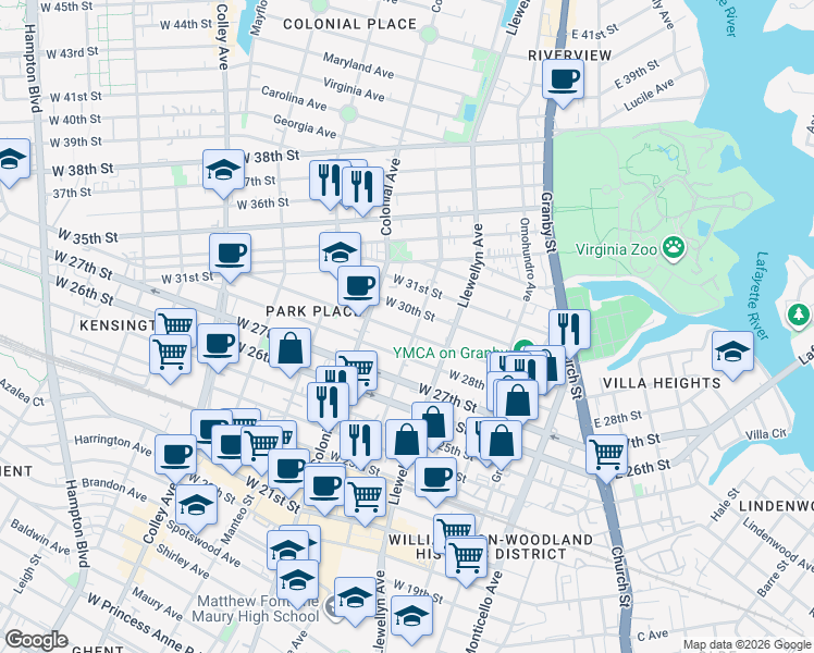 map of restaurants, bars, coffee shops, grocery stores, and more near 322 West 29th Street in Norfolk