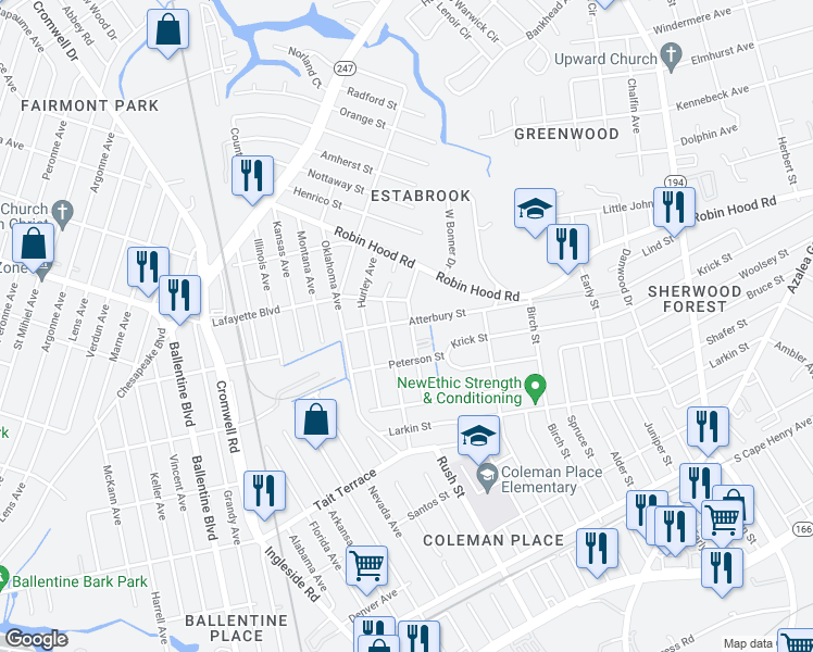 map of restaurants, bars, coffee shops, grocery stores, and more near 3747 Atterbury Street in Norfolk