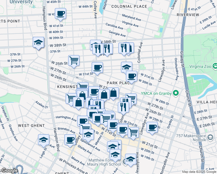 map of restaurants, bars, coffee shops, grocery stores, and more near 636 West 27th Street in Norfolk