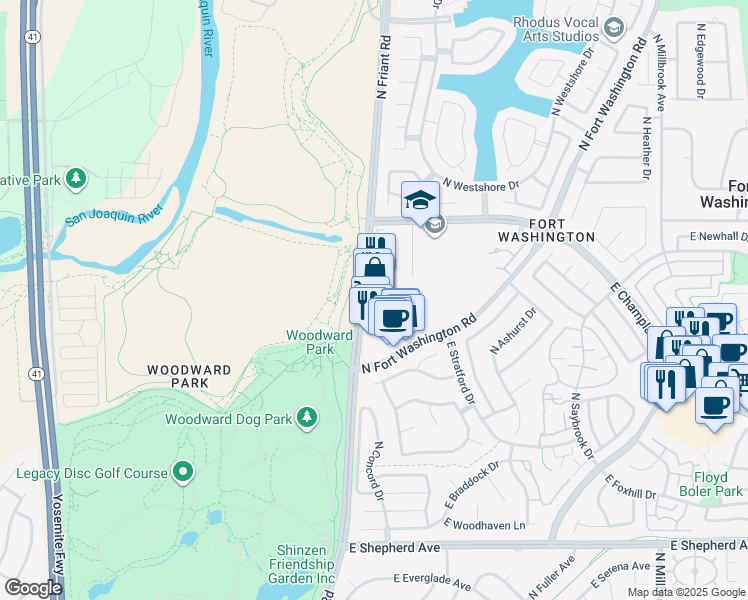 map of restaurants, bars, coffee shops, grocery stores, and more near 9447 North Fort Washington Road in Fresno