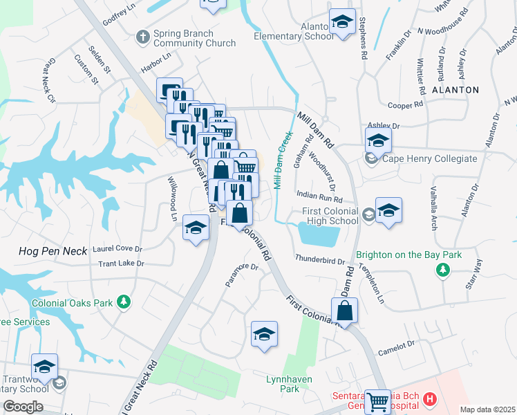 map of restaurants, bars, coffee shops, grocery stores, and more near 2102 Advent Court in Virginia Beach