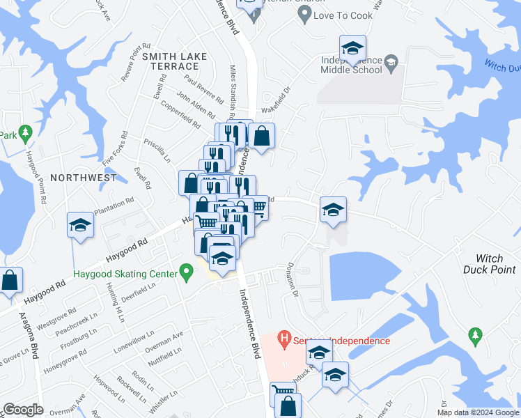map of restaurants, bars, coffee shops, grocery stores, and more near 1008 Haygood Estate Lane in Virginia Beach