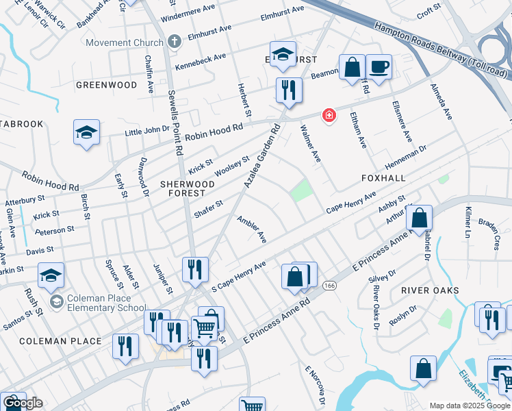 map of restaurants, bars, coffee shops, grocery stores, and more near 2517 Shafer Street in Norfolk