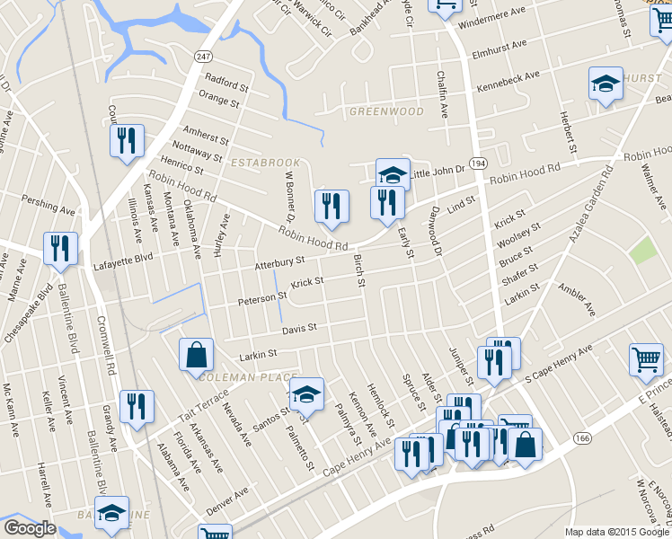 map of restaurants, bars, coffee shops, grocery stores, and more near 3904 Krick Street in Norfolk