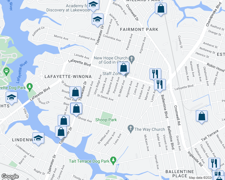 map of restaurants, bars, coffee shops, grocery stores, and more near 3020 Peronne Avenue in Norfolk