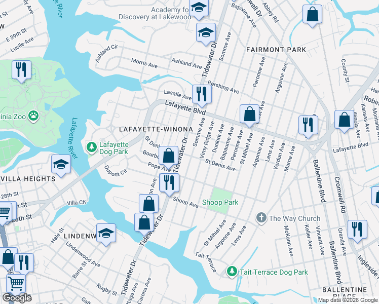 map of restaurants, bars, coffee shops, grocery stores, and more near 1905 Saint Denis Avenue in Norfolk