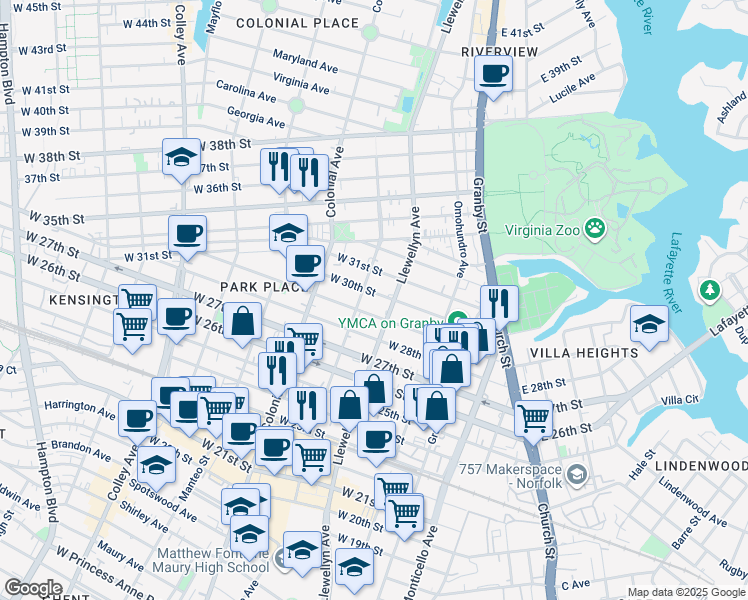map of restaurants, bars, coffee shops, grocery stores, and more near 322 West 29th Street in Norfolk