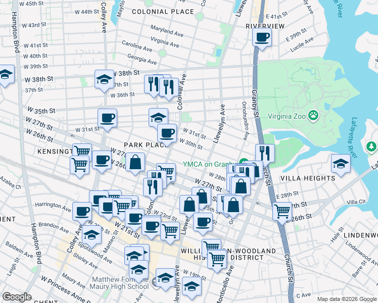 map of restaurants, bars, coffee shops, grocery stores, and more near 322 West 29th Street in Norfolk