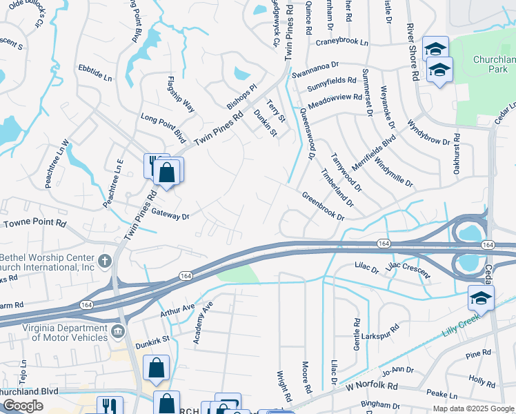 map of restaurants, bars, coffee shops, grocery stores, and more near 3924 Hardwood Lane in Portsmouth