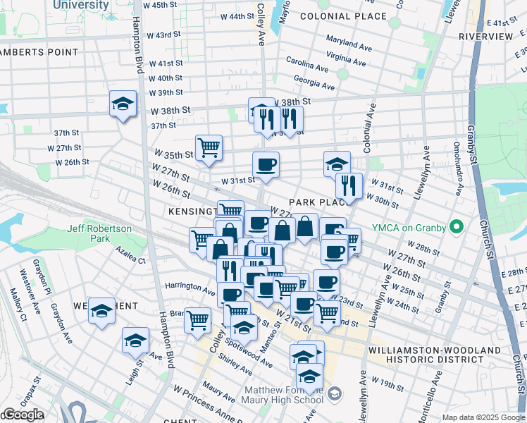 map of restaurants, bars, coffee shops, grocery stores, and more near 722 West 26th Street in Norfolk