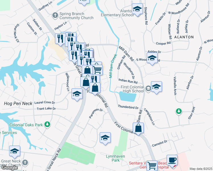 map of restaurants, bars, coffee shops, grocery stores, and more near 1329 Destination Lane in Virginia Beach