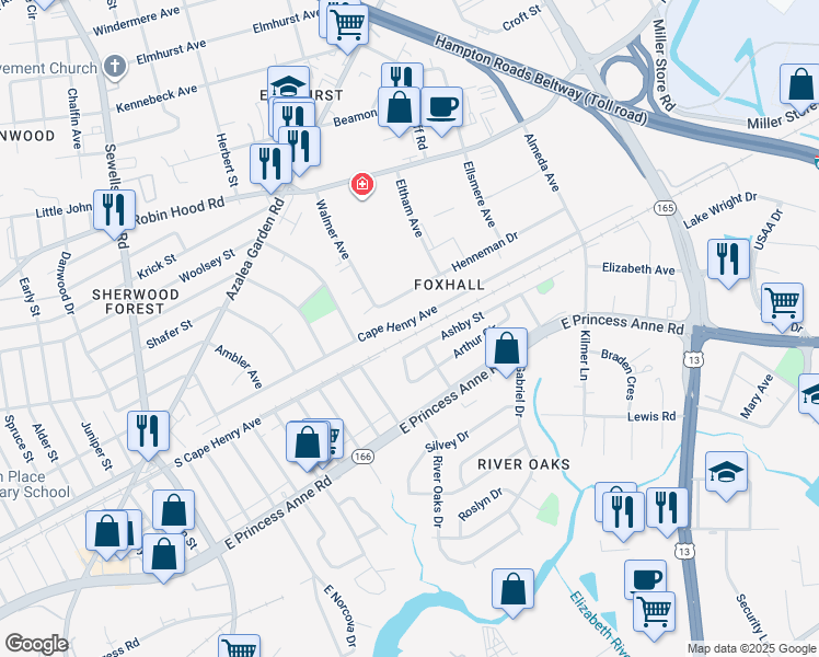 map of restaurants, bars, coffee shops, grocery stores, and more near 5249 Cape Henry Avenue in Norfolk