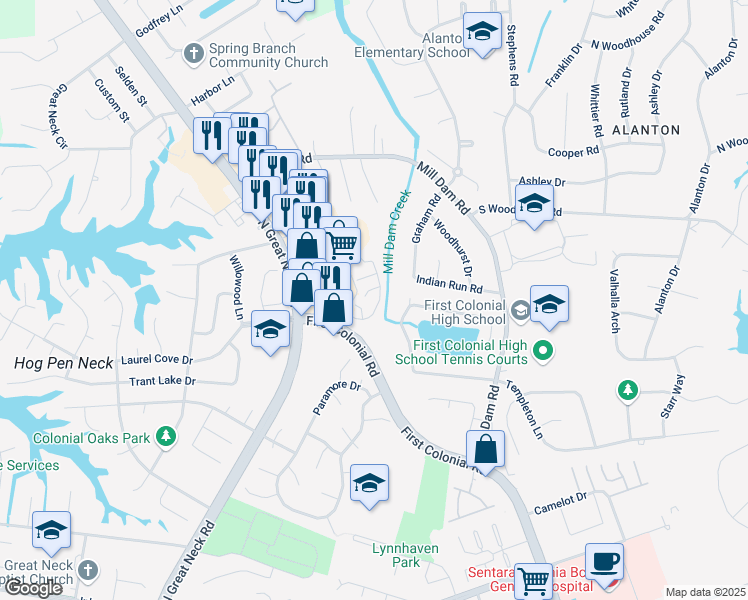 map of restaurants, bars, coffee shops, grocery stores, and more near 1329 Destination Lane in Virginia Beach