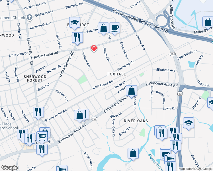 map of restaurants, bars, coffee shops, grocery stores, and more near 5249 Cape Henry Avenue in Norfolk
