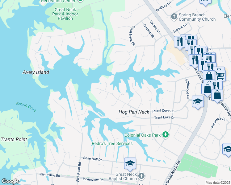 map of restaurants, bars, coffee shops, grocery stores, and more near 2440 Laurel Cove Drive in Virginia Beach