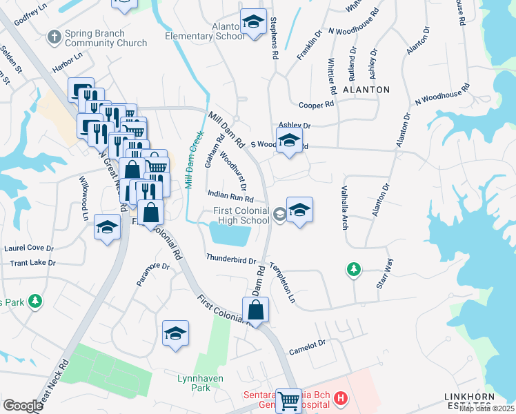 map of restaurants, bars, coffee shops, grocery stores, and more near 1905 Indian Run Road in Virginia Beach