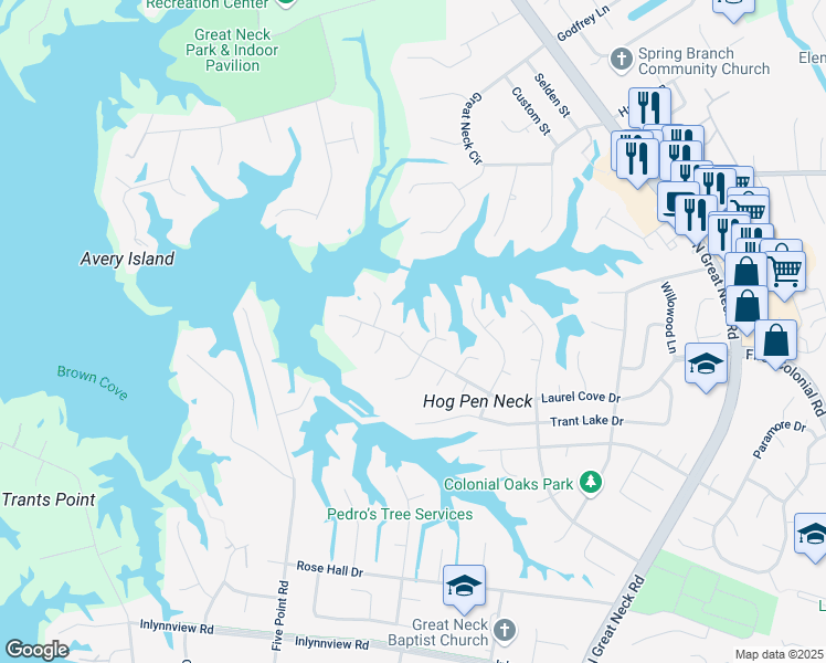 map of restaurants, bars, coffee shops, grocery stores, and more near 2440 Laurel Cove Drive in Virginia Beach