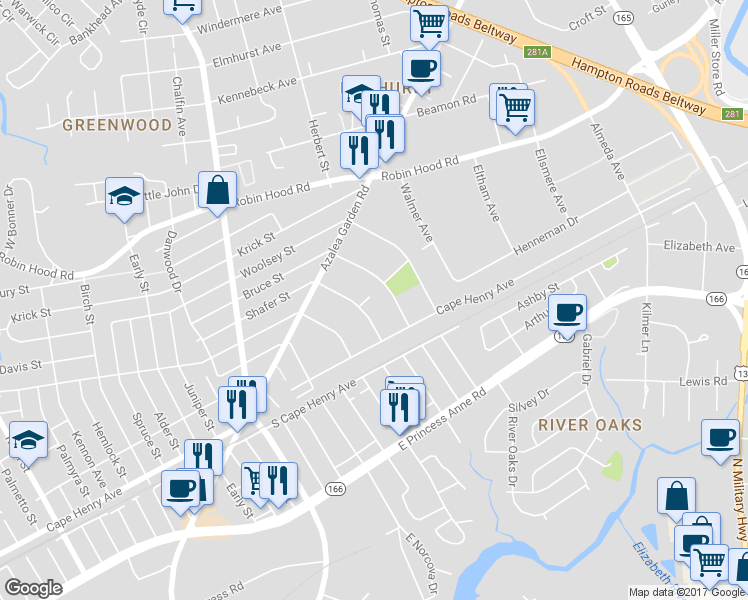 map of restaurants, bars, coffee shops, grocery stores, and more near 5117 Bartin Street in Norfolk
