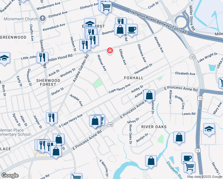 map of restaurants, bars, coffee shops, grocery stores, and more near 5212 Cape Henry Avenue in Norfolk
