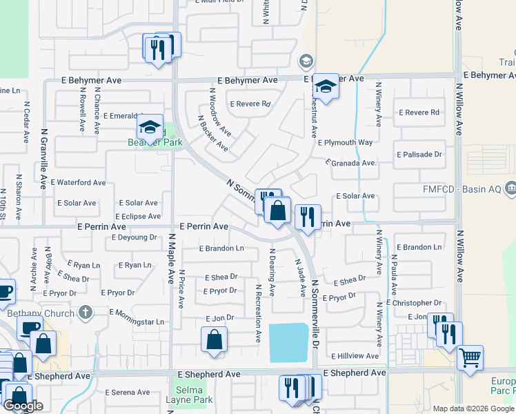 map of restaurants, bars, coffee shops, grocery stores, and more near 2286 East Solar Avenue in Fresno