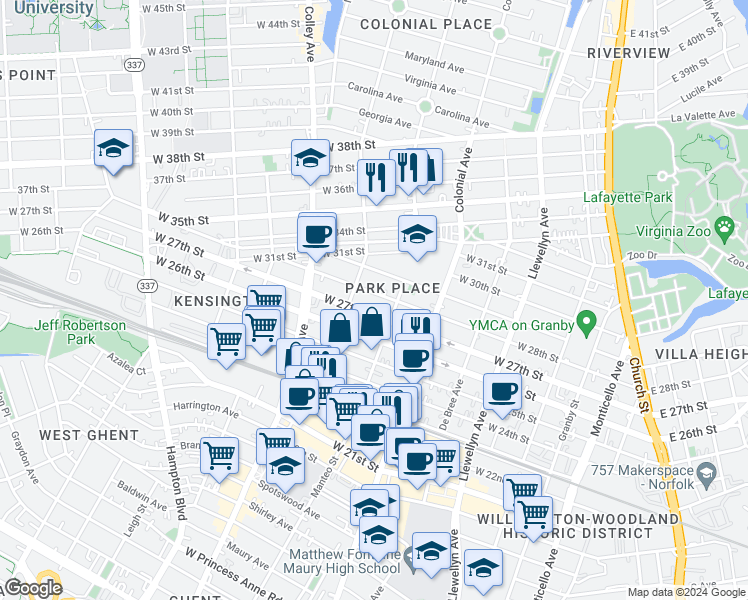 map of restaurants, bars, coffee shops, grocery stores, and more near 621 West 28th Street in Norfolk