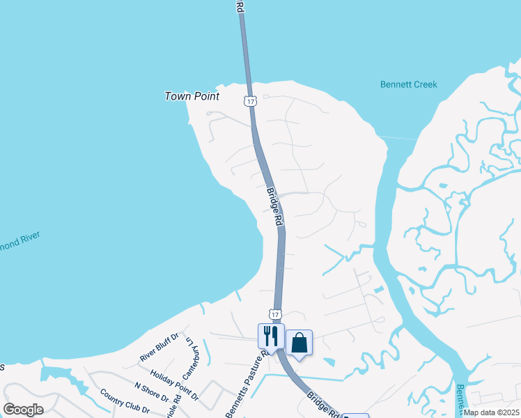 map of restaurants, bars, coffee shops, grocery stores, and more near 2555 Bridge Road in Suffolk