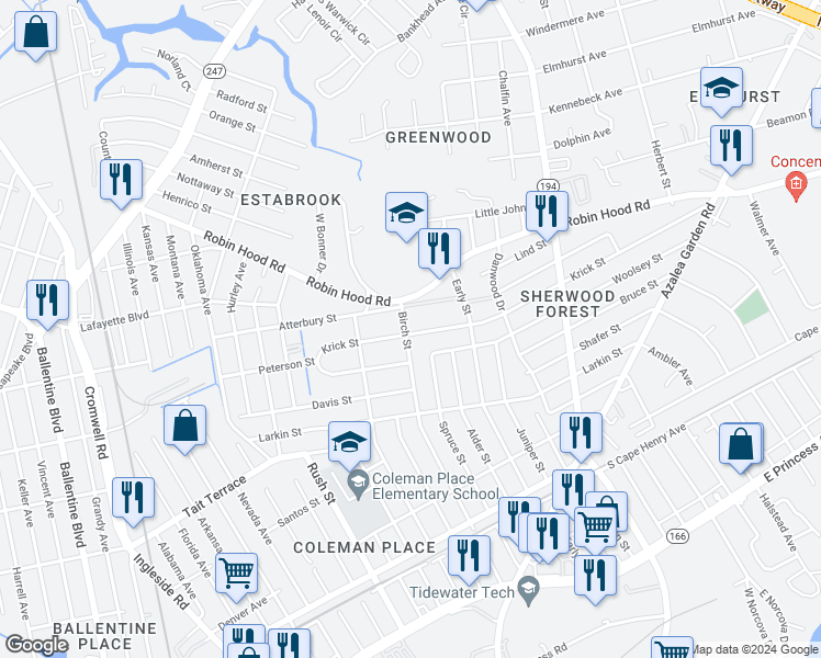 map of restaurants, bars, coffee shops, grocery stores, and more near 4500 Krick Street in Norfolk