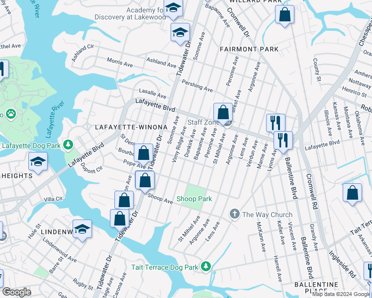 map of restaurants, bars, coffee shops, grocery stores, and more near 3021 Dunkirk Avenue in Norfolk