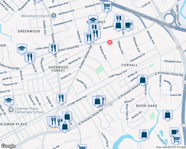 map of restaurants, bars, coffee shops, grocery stores, and more near 5117 Bartin Street in Norfolk