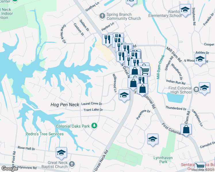 map of restaurants, bars, coffee shops, grocery stores, and more near 1325 Conrad Lane in Virginia Beach