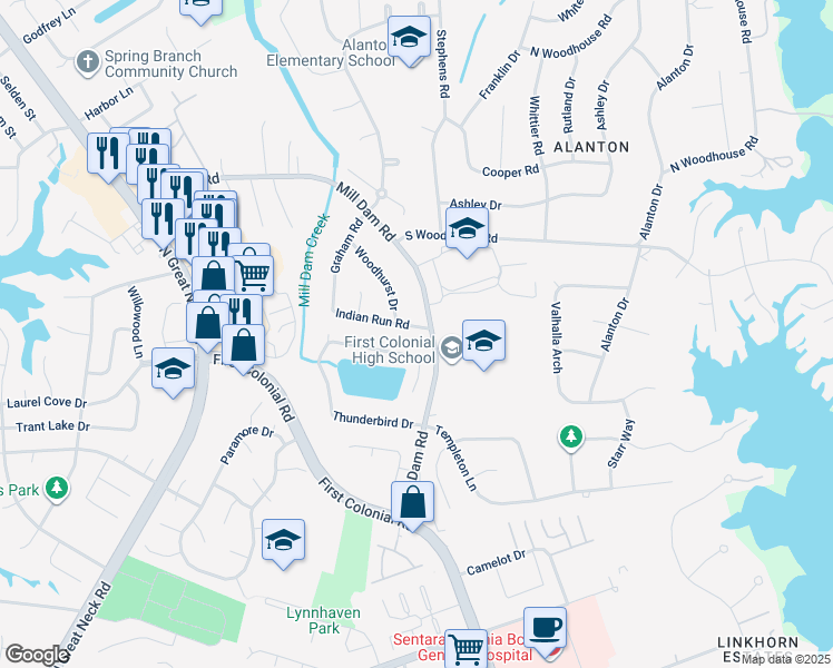 map of restaurants, bars, coffee shops, grocery stores, and more near 1905 Indian Run Road in Virginia Beach