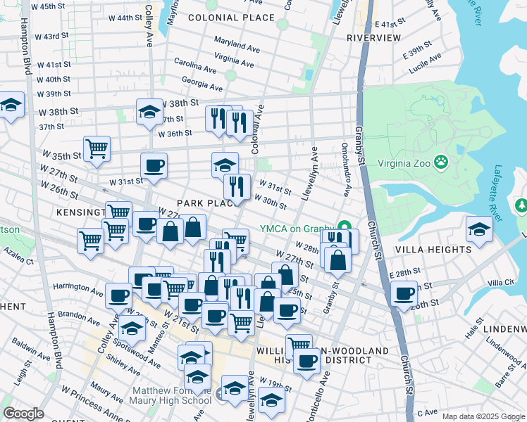 map of restaurants, bars, coffee shops, grocery stores, and more near 423 West 29th Street in Norfolk