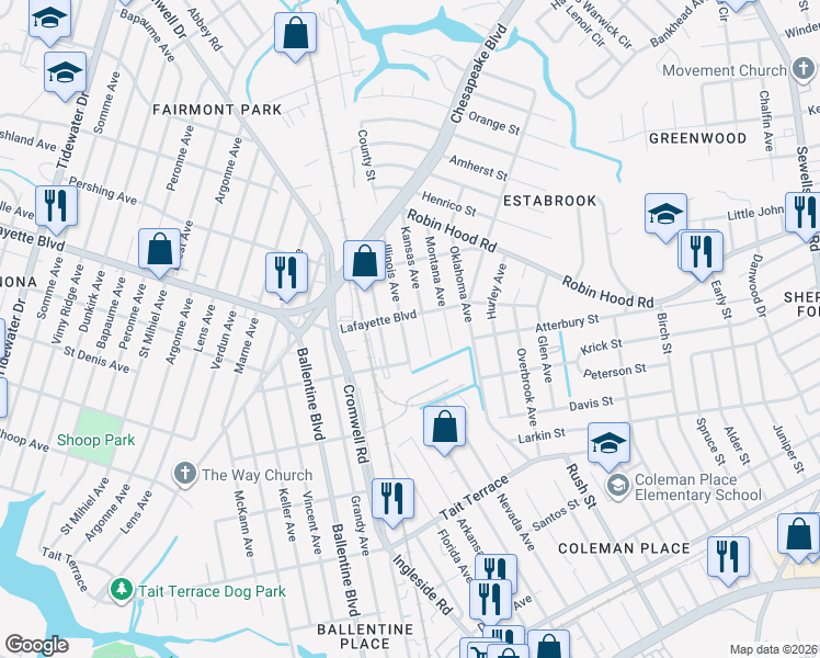 map of restaurants, bars, coffee shops, grocery stores, and more near 3017A Illinois Avenue in Norfolk