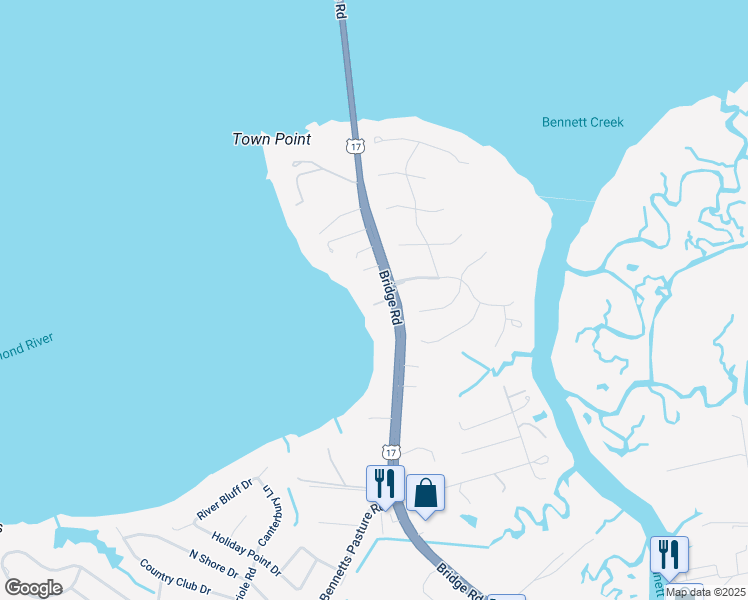 map of restaurants, bars, coffee shops, grocery stores, and more near 2555 Bridge Road in Suffolk