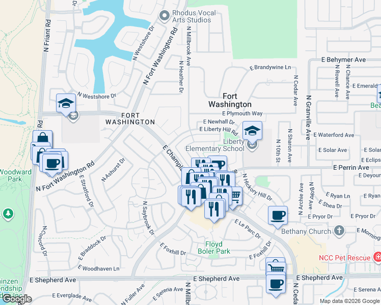 map of restaurants, bars, coffee shops, grocery stores, and more near 9520 North Whitehouse Drive in Fresno