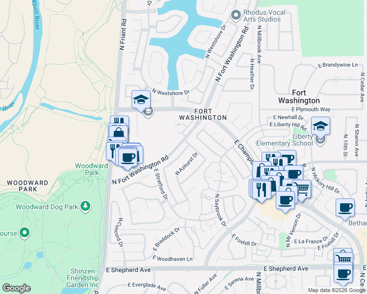 map of restaurants, bars, coffee shops, grocery stores, and more near 9534 North Madison Ridge Road in Fresno