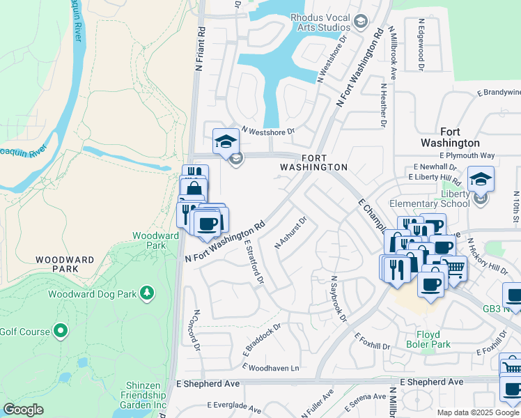 map of restaurants, bars, coffee shops, grocery stores, and more near 9507 North Madison Ridge Road in Fresno