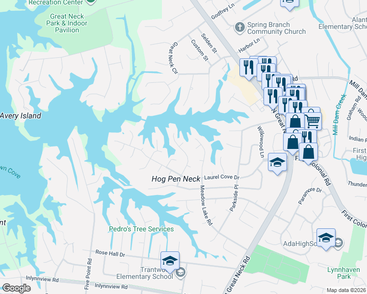 map of restaurants, bars, coffee shops, grocery stores, and more near 1324 Whisper Drive in Virginia Beach