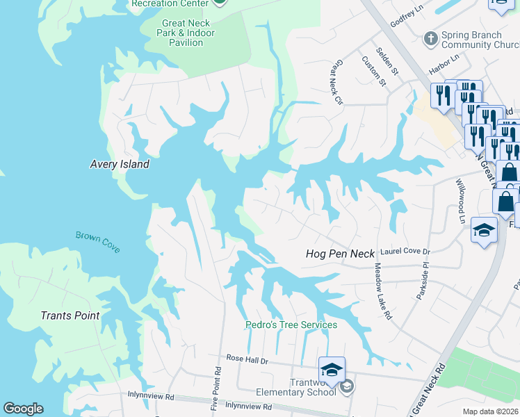 map of restaurants, bars, coffee shops, grocery stores, and more near 1290 Ketch Point in Virginia Beach