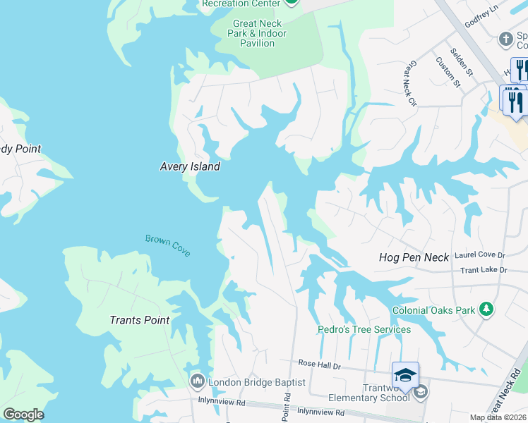 map of restaurants, bars, coffee shops, grocery stores, and more near 1321 Five Point Road in Virginia Beach