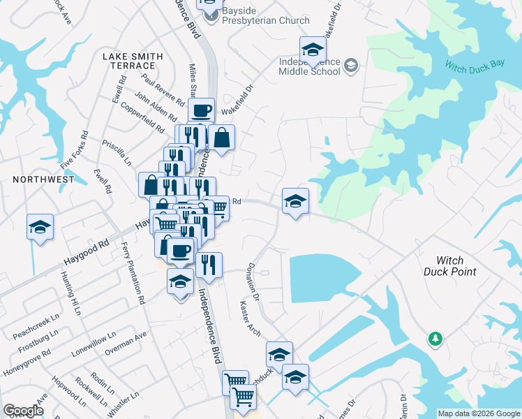 map of restaurants, bars, coffee shops, grocery stores, and more near 4500 Yarmouth Court in Virginia Beach