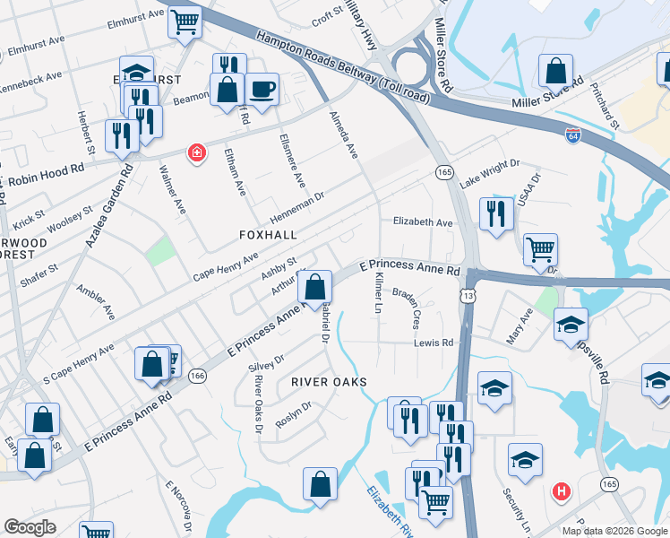 map of restaurants, bars, coffee shops, grocery stores, and more near 5397 East Princess Anne Road in Norfolk