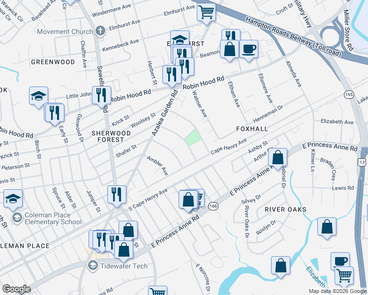 map of restaurants, bars, coffee shops, grocery stores, and more near 2434 Shafer Street in Norfolk