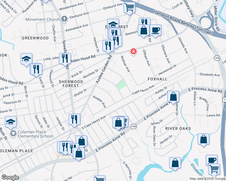 map of restaurants, bars, coffee shops, grocery stores, and more near 2434 Shafer Street in Norfolk