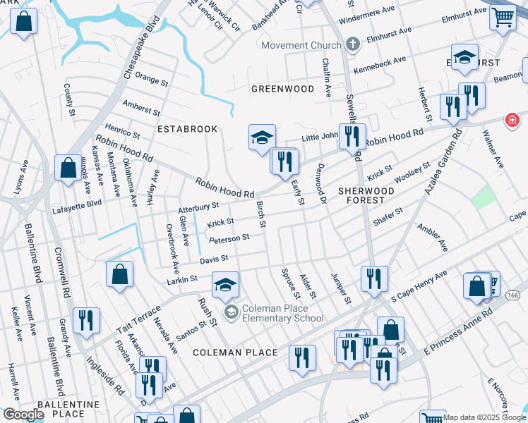 map of restaurants, bars, coffee shops, grocery stores, and more near 4500 Krick Street in Norfolk